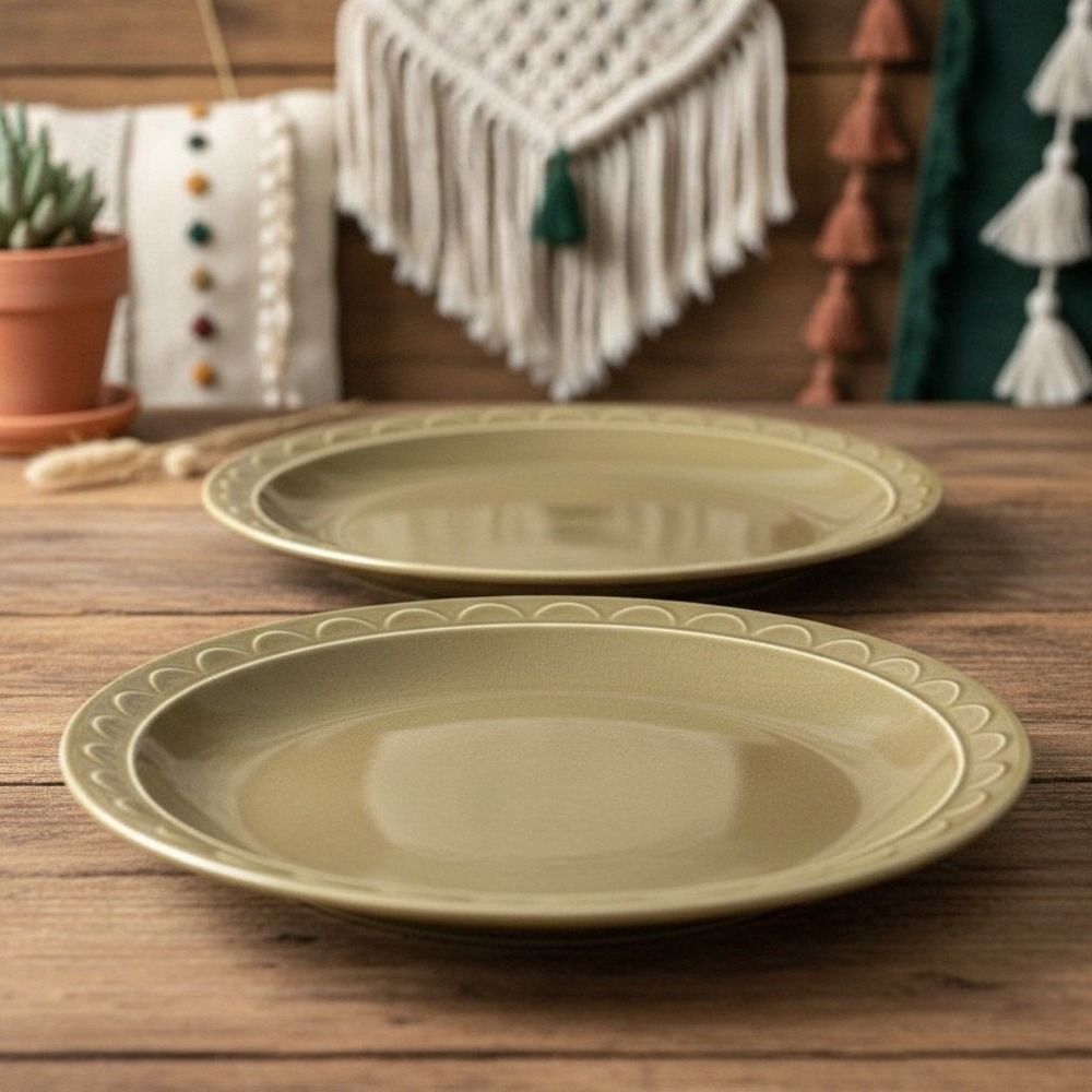 Homer Laughlin Granada Sheffield 10" Plate Olive Green Ironstone Set Of 2